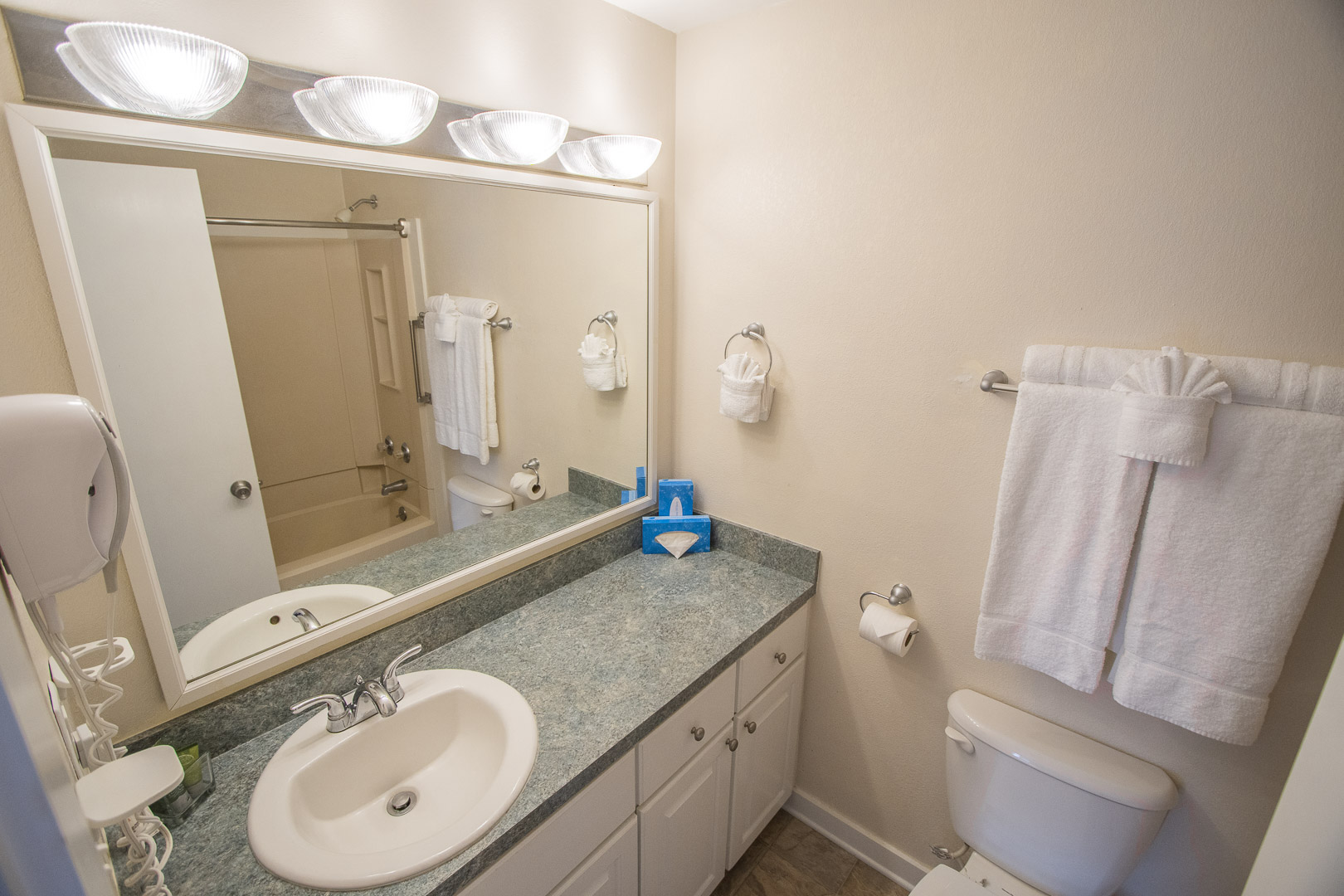 A clean bathroom at VRI's Waterwood Townhomes in New Bern, North Carolina.
